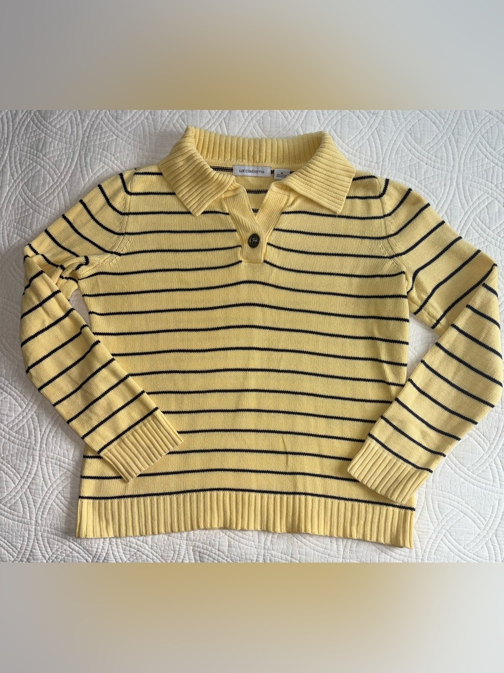 Liz Claiborne Knit Cotton  Yellow Sweater with Navy Stripes Medium